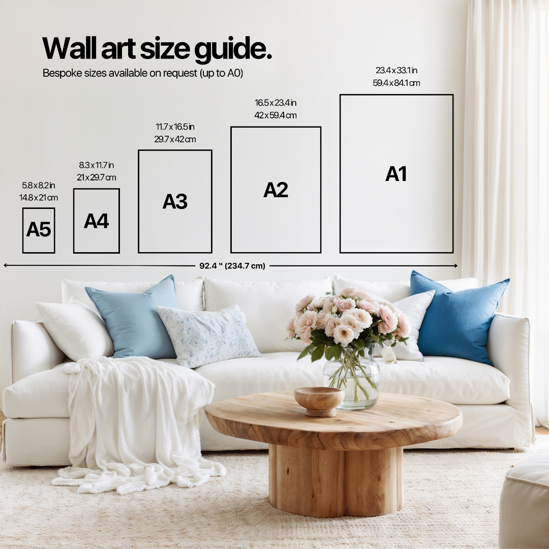Living room with a wall art size guide overlay