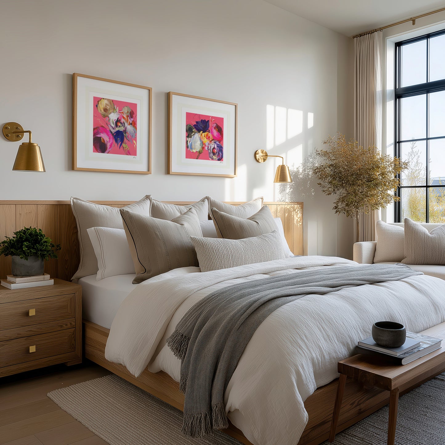Neatly made bed in a bedroom with decorative elements and natural light.