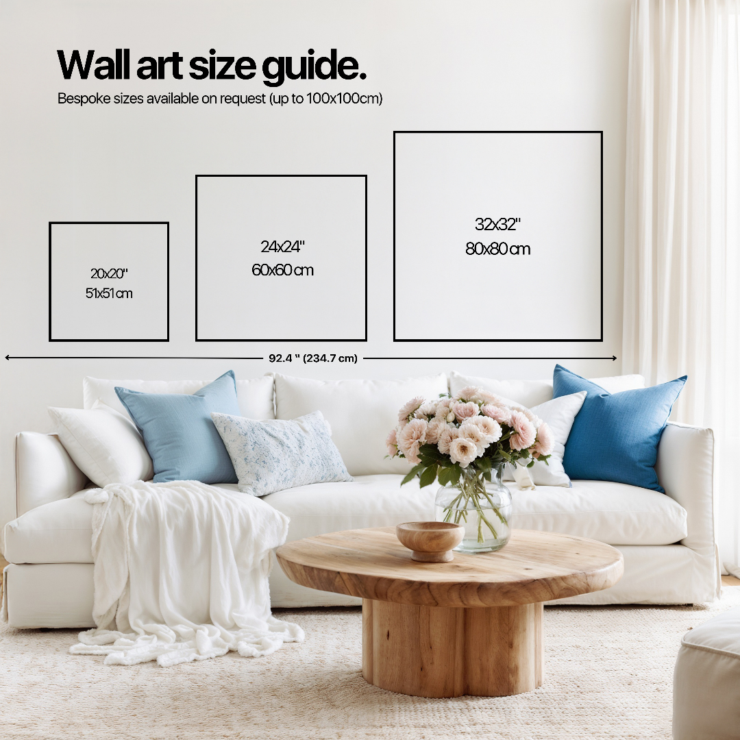 Living room with a wall art size guide showing different frame sizes.